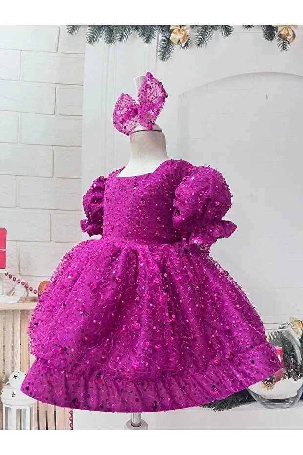 Детское платье для девочек с пайетками Fuchsia square collar sparkly sequined girls' dress evening dress Nissa, Fuchsia — фото 3