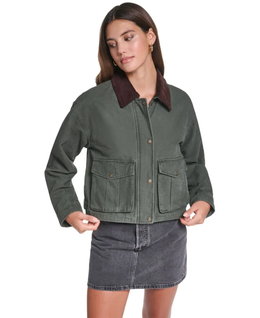 Женская куртка-бомбер из хлопка с воротником из вельвета Levi's, Olive — фото 4