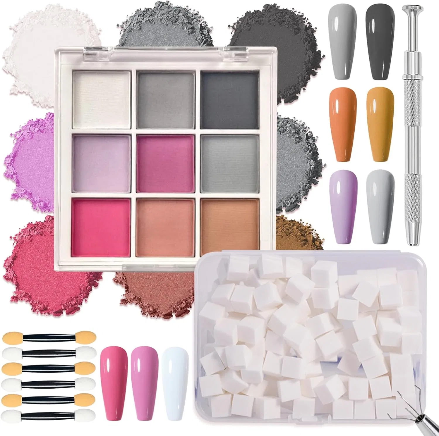 Набор пигментов для ногтей, 9 цветов, с 100 спонжами Mknzome, Color-A