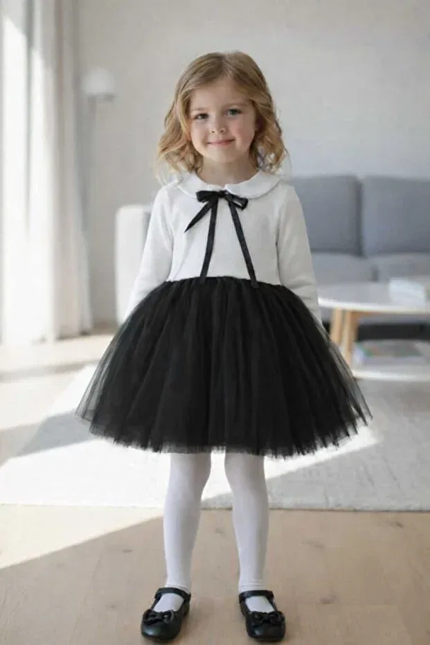 Детское платье для девочек с принтом Perla Long Sleeve Girls' Princess Puffy Tutu Dress Peter Pan Collar Stretchy Stretch Fabric Şirin Şeyler Butiği, Black And White