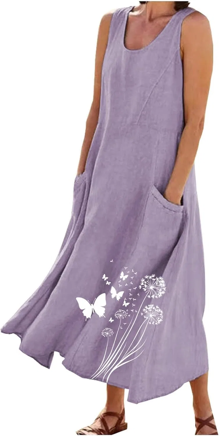 Женское пляжное платье-макси с принтом, без рукавов, с карманами, Plus Size, Purple