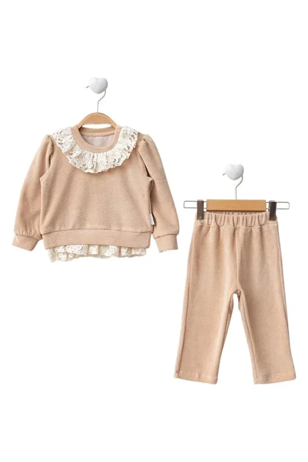Детский комплект из вельвета с кружевом Mysweetbox Hediyelik Konsept Kutu, Beige