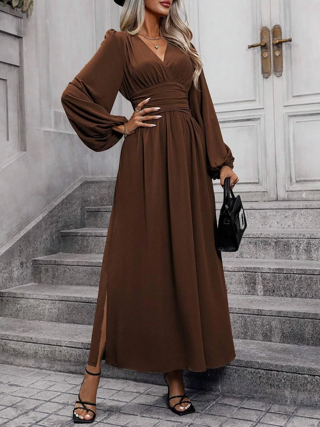 Женское платье миди A-силуэта с разрезом Yuchenda, Chocolate Brown — фото 4