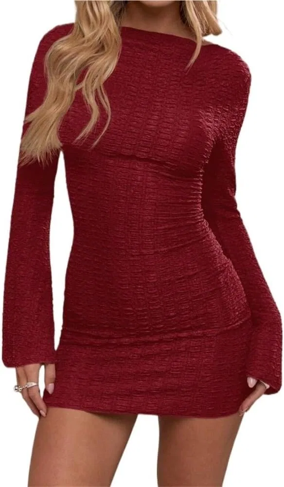 Женское облегающее мини-платье с длинным рукавом, boat neck, Red