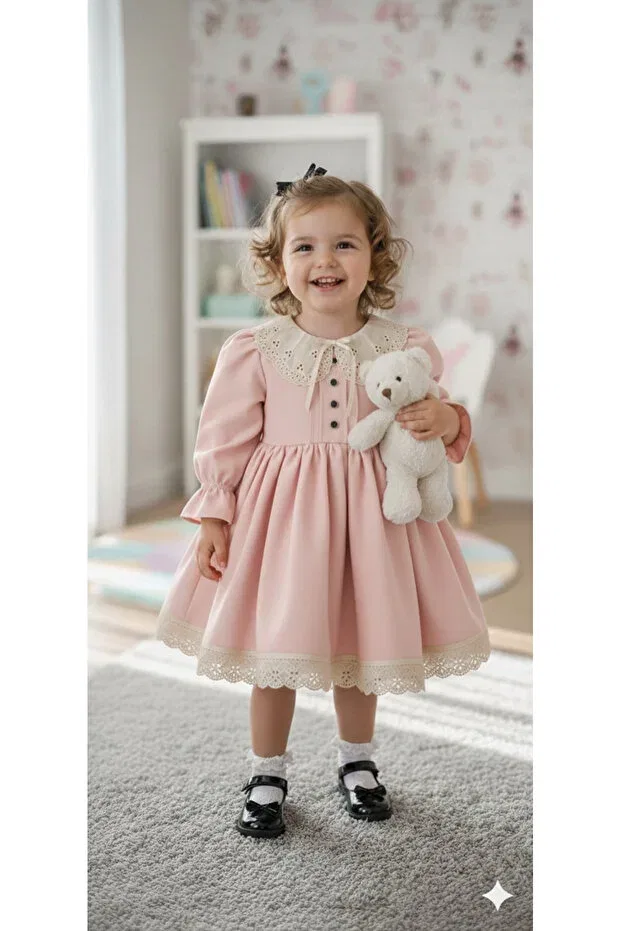 Детское платье для девочек с длинным рукавом Collared powder pink birthday dress Prenses Tasarım Atolyesi, Pink