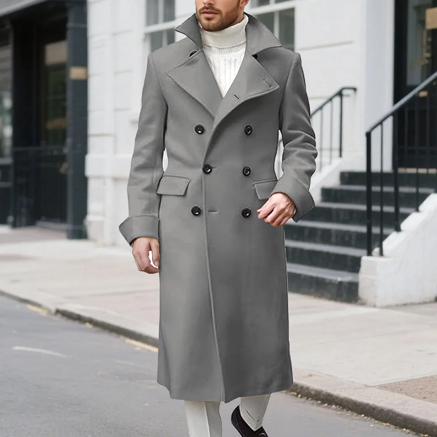 Мужское двубортное пальто-тренч с лацканами, Slim Fit, тёмно-серый — фото 2