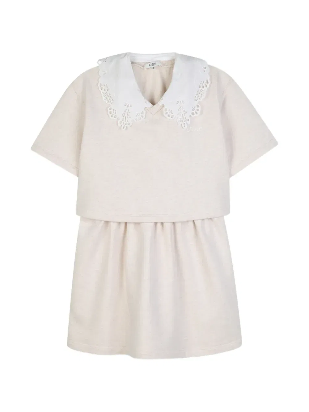 Платье с короткими рукавами и вышитым ворником Chloé Kids, бежевый