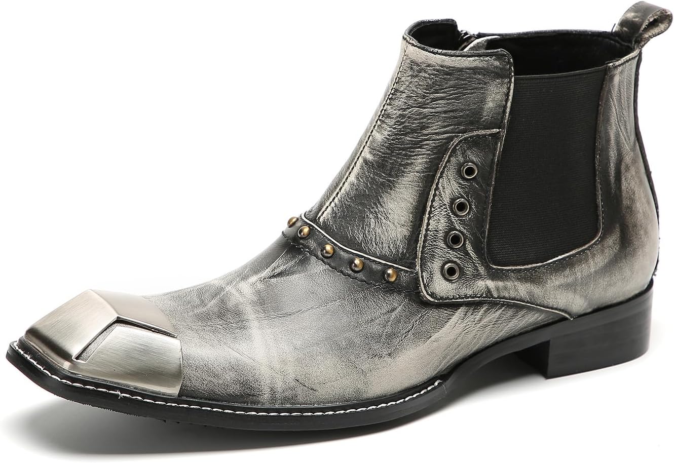 

Мужские ботинки Santimon Chelsea из натуральной кожи - вечерние ботинки в западном стиле с металлическим квадратным носком, текстурой под змею и молнией, для рок-концертов, вечеринок, сцены и ночного выхода, серый