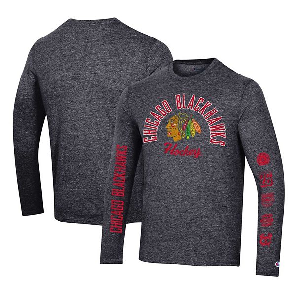 

Мужская футболка с длинным рукавом heather black chicago blackhawks multi-logo tri-blend Champion