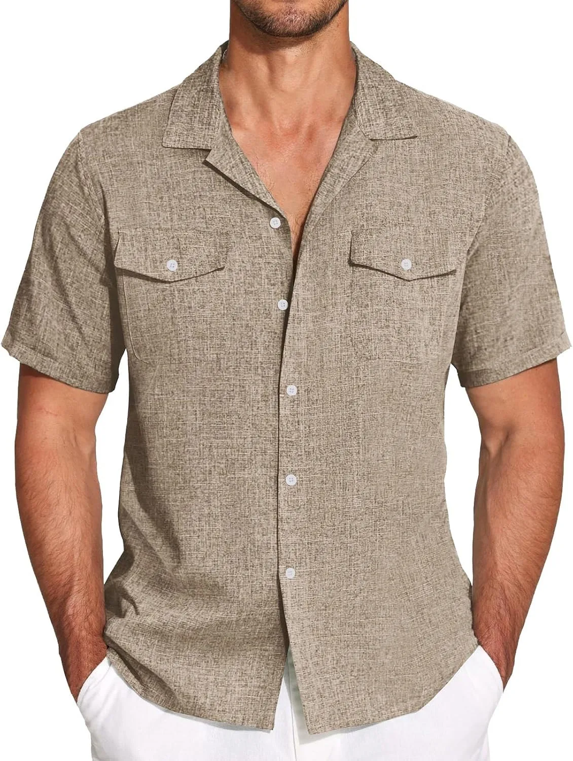 

Хлопковая льняная рубашка для мужчин с коротким рукавом и двумя карманами