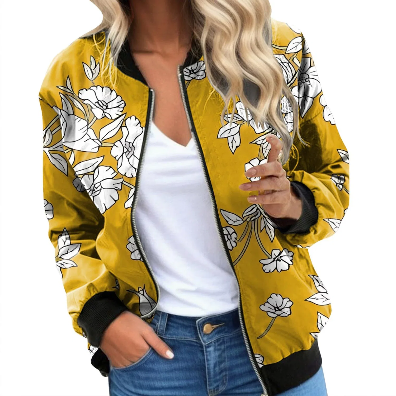 Женская куртка с принтом и молнией, grey
