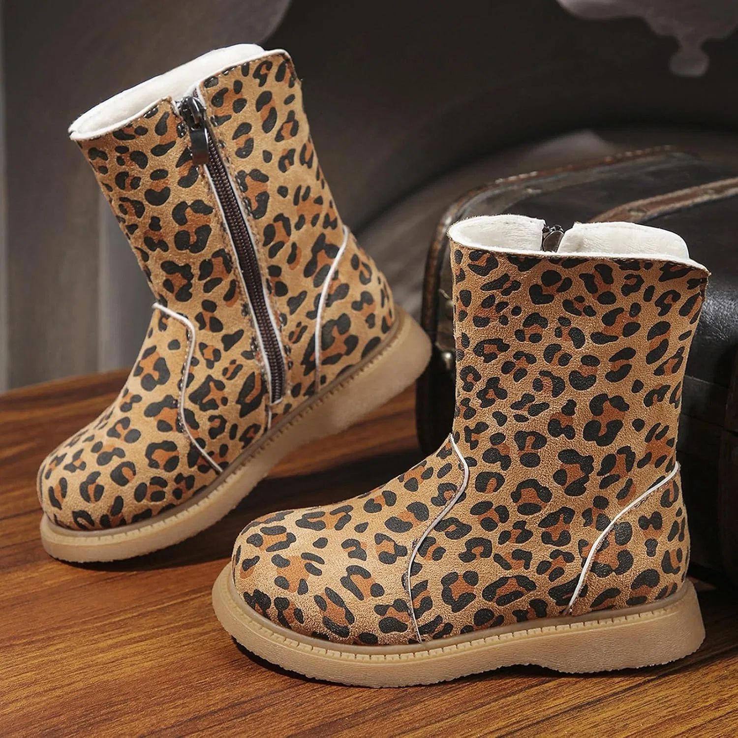 Детские зимние ботинки для девочек с принтом леопарда Snow Leopard Boots, Khaki — фото 4