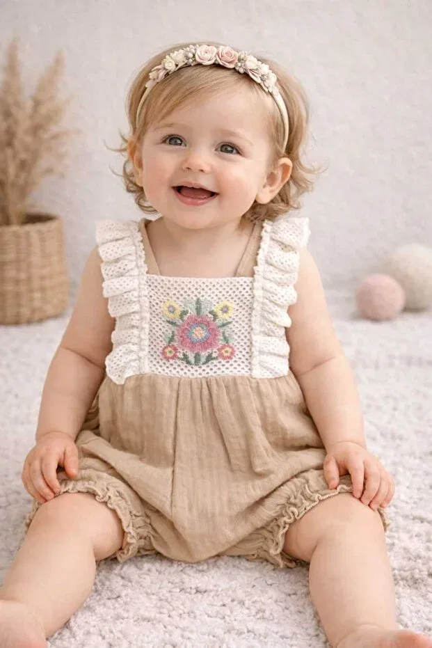 Детский комбинезон для девочек с кружевом Eid Summer Lace Embroidered Strappy Muslin Krm Kerem Bebe, Beige — фото 2
