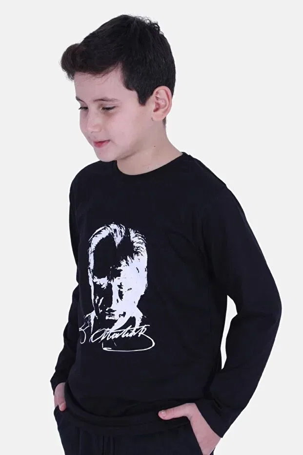 Детские свитшот для девочек с принтом Atatürk signature printed Fyk Kids, Black — фото 3