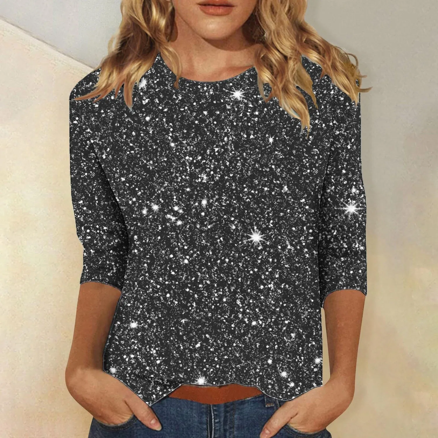 Женская футболка с блестками V-образным вырезом Retro Top, Black — фото 2