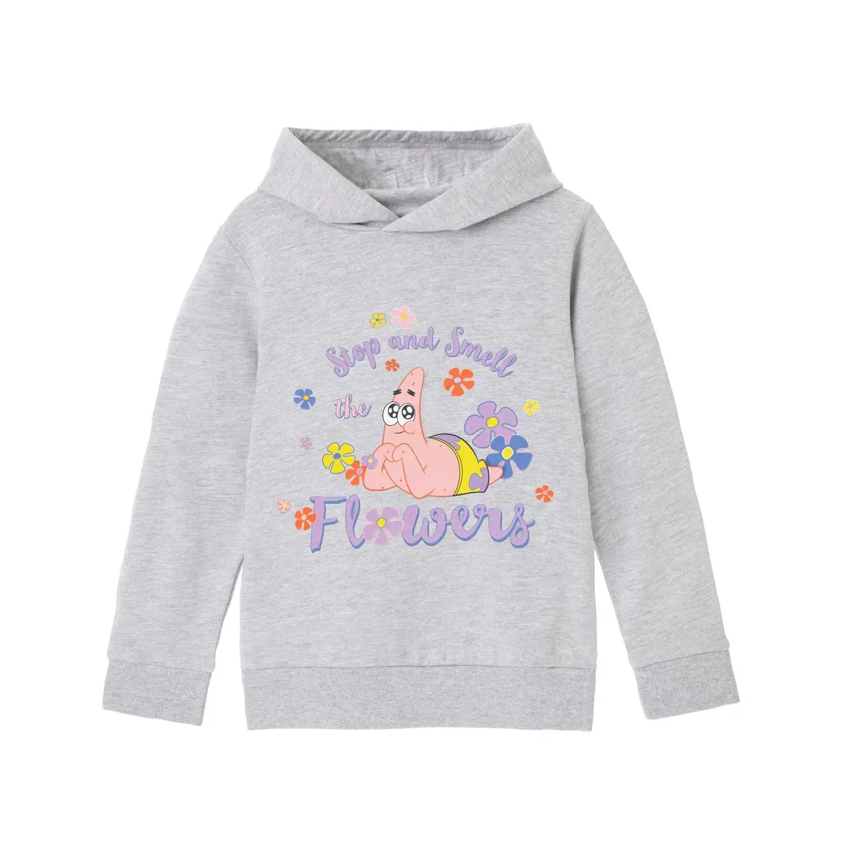 Детский худи с принтом Stop and smell the flowers Spongebob Squarepants, Grey
