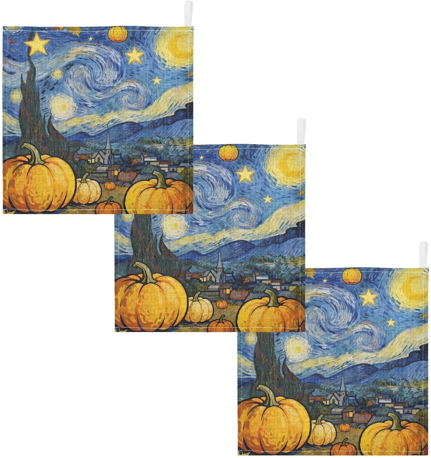 Мочалка для лица из муслина 4 слоя, GuoChe, набор 3 шт, 30x30 см, Kürbisernte Sternennacht Kunstdruck — фото 2