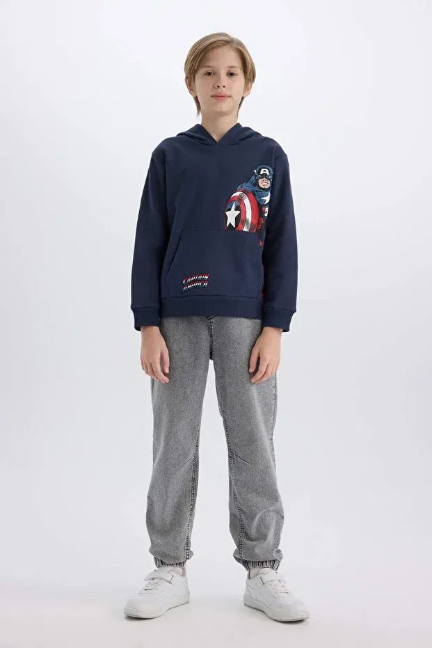 Детская толстовка для мальчиков с принтом Marvel hooded kangaroo pocket Defacto, Navy Blue-Nv94 — фото 2