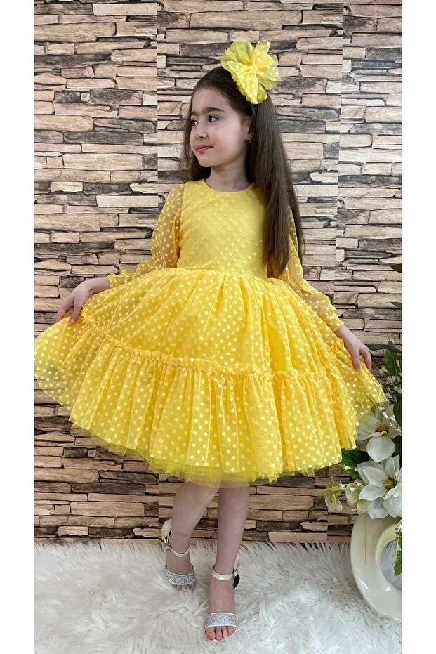 Детское платье-трапеция для девочек с кружевом Katkat princess lace buckle Mnk, Yellow — фото 2