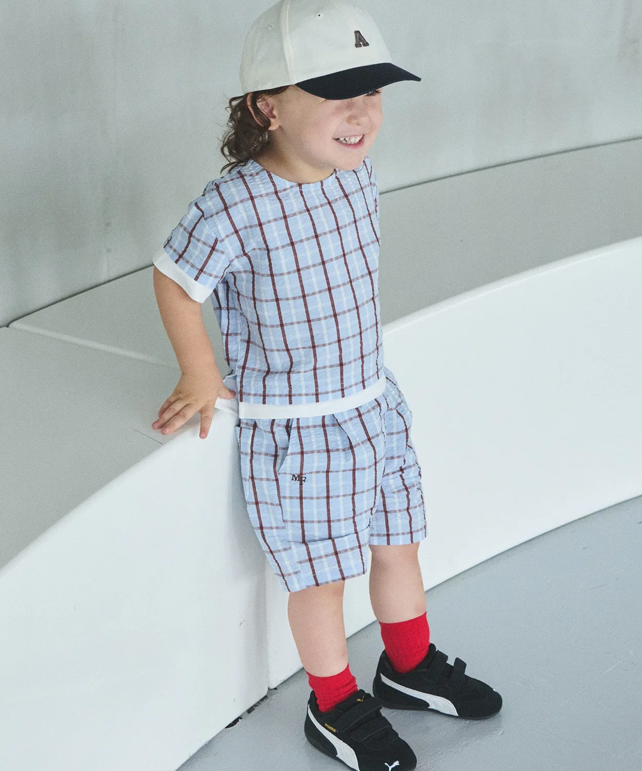 Детский комплект из куртки и шорт с принтом в клетку, модель BOYS Check Set Up, petit main, Blue — фото 3