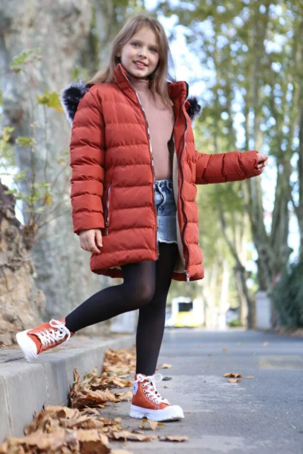 Детское зимнее пальто для девочек с принтом Silver Zippered Plush Hooded Faux Fur Coat Inside Transacoustic, Tile — фото 4