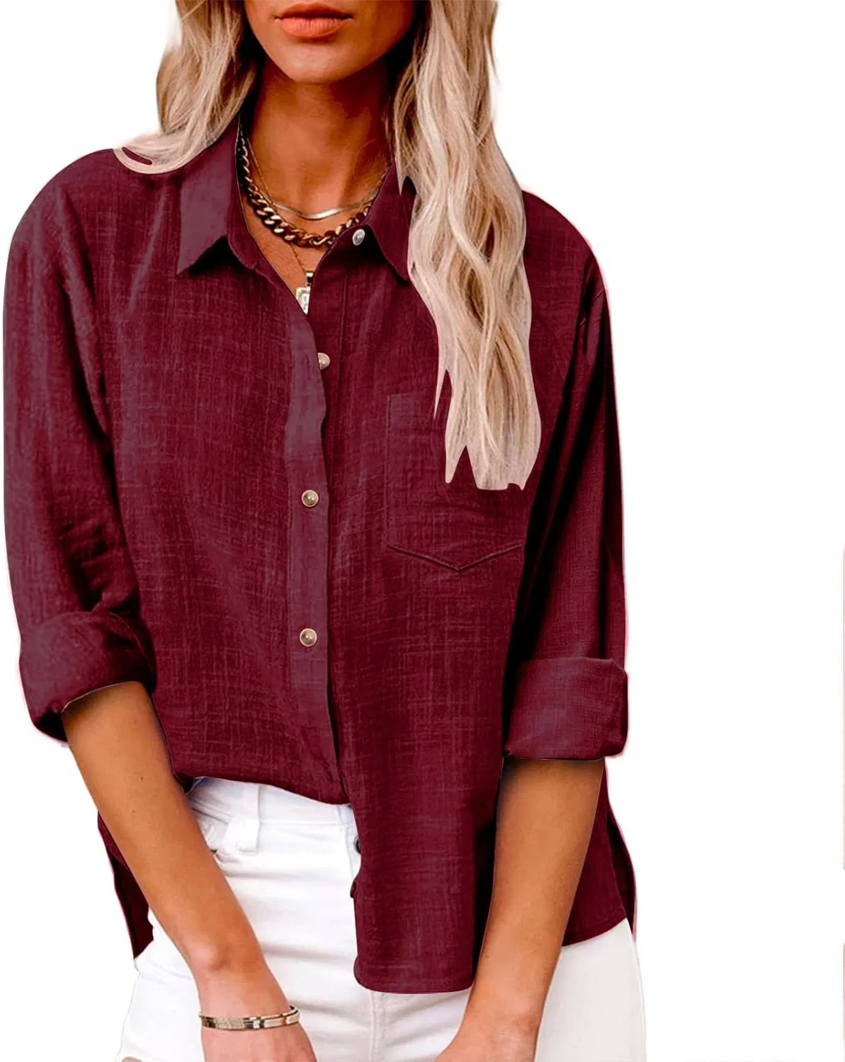 Женская льняная блуза с V-вырезом Long Sleeve Womens Linen Tops 3/4, Wine — фото 2