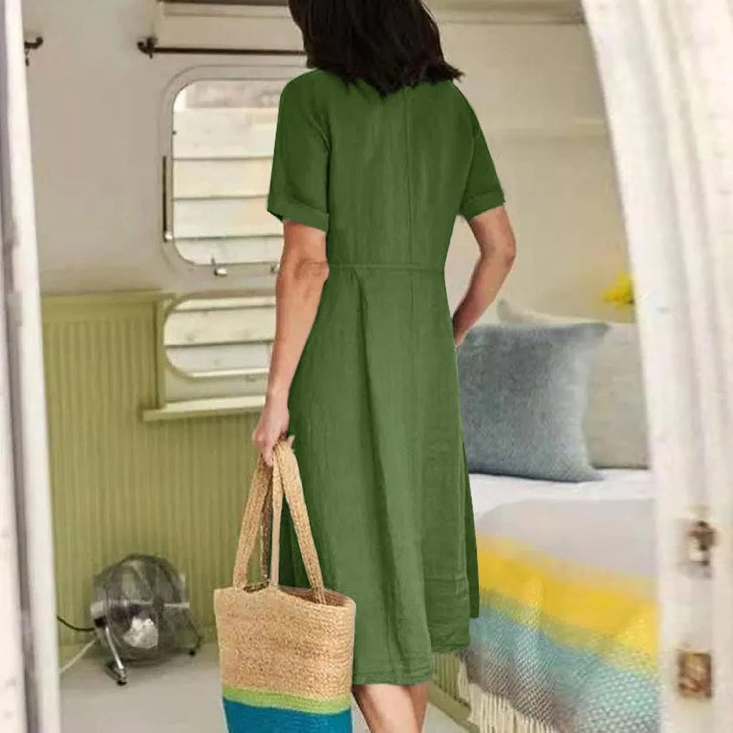 Женское платье-макси с V-образным вырезом Cotton Linen, Green — фото 3