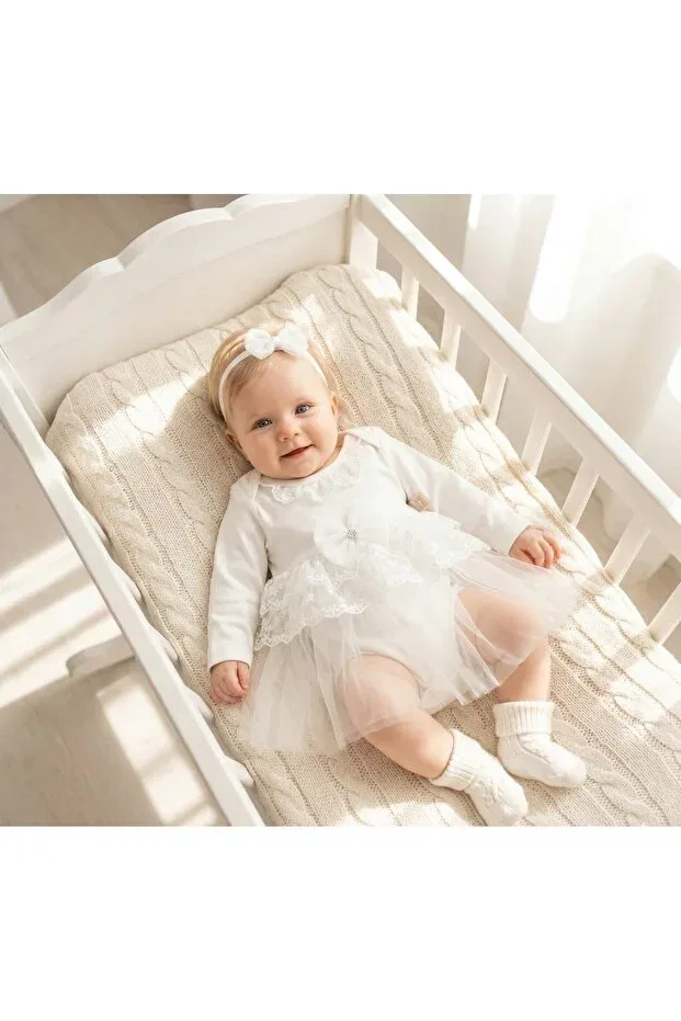 Детское платье-боди для девочек с кружевом Miniday Baby, Ecru