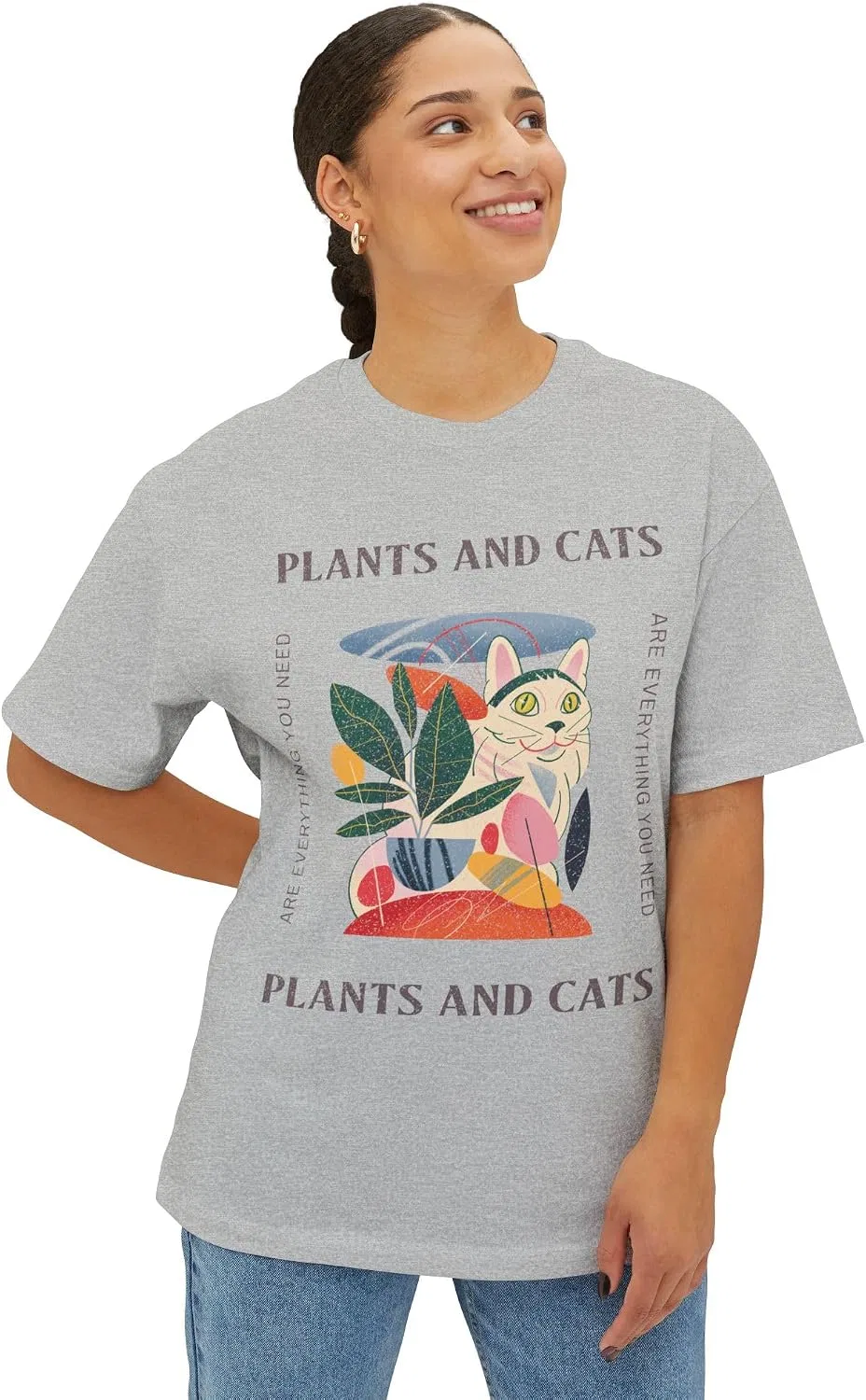 Унисекс оверсайз футболка с кошками и растениями, Athletic Heather