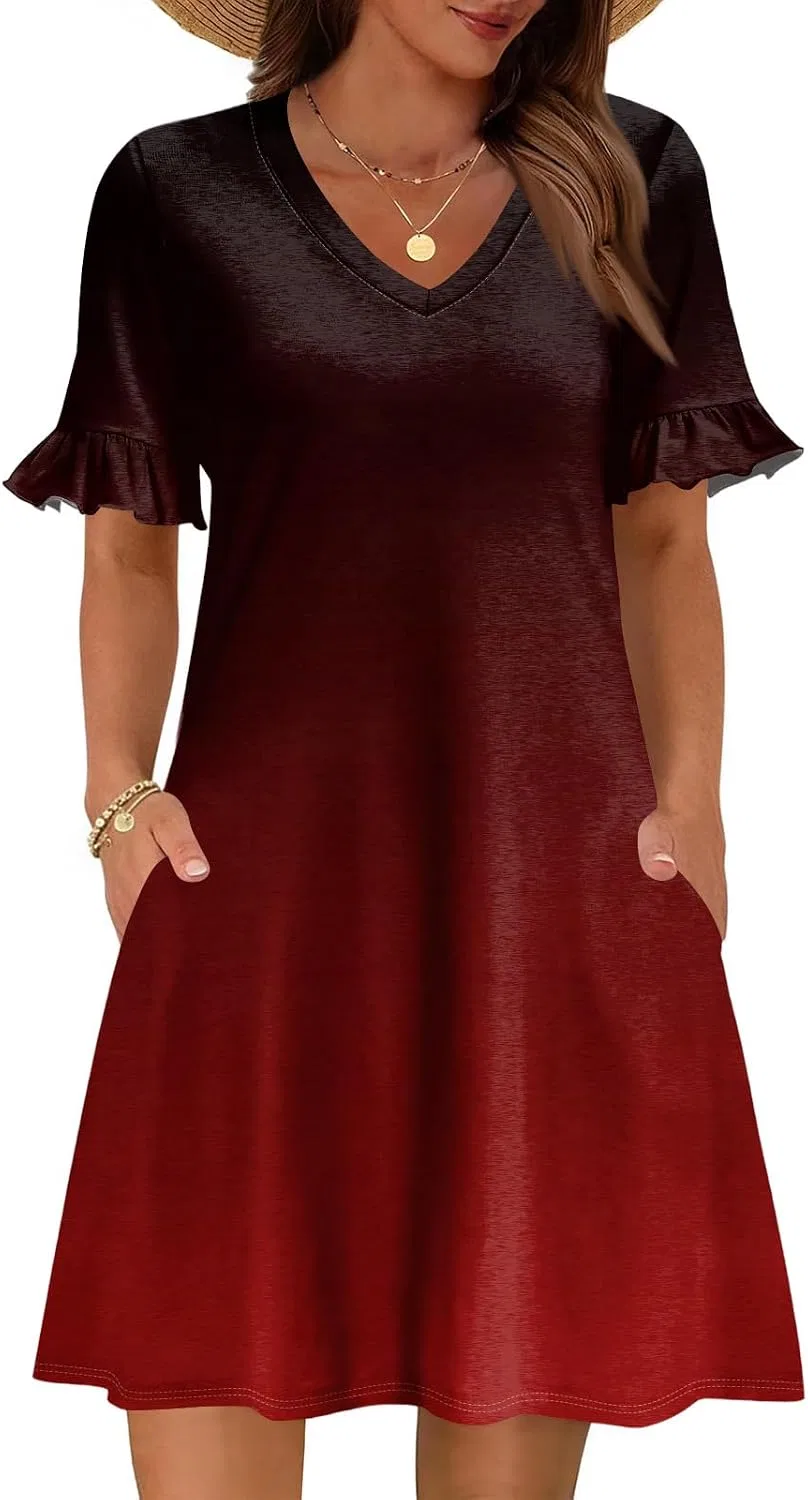 Женское летнее платье с рюшами A-line, Red