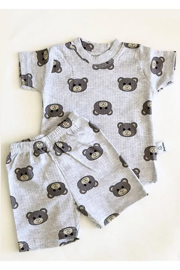 Детский комплект пижам с коротким рукавом и шортами Teddy Bear Pattern Printed Drop Kids, Gri — фото 2