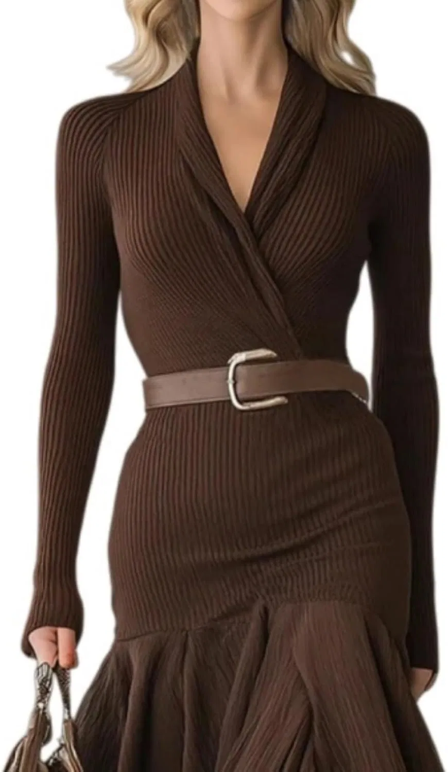 Женское платье миди с V-образным вырезом Ribbed Knit Dress, Dark Brown — фото 2