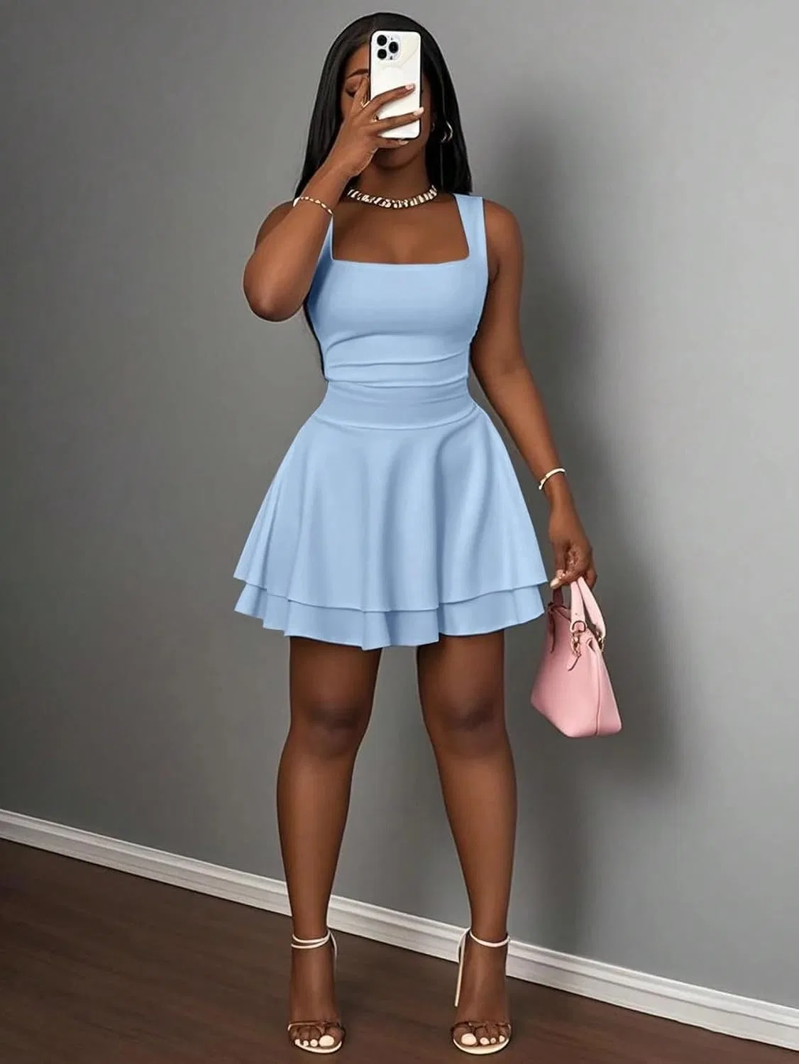 Женское мини-платье с квадратным вырезом Bodycon, Blue — фото 3