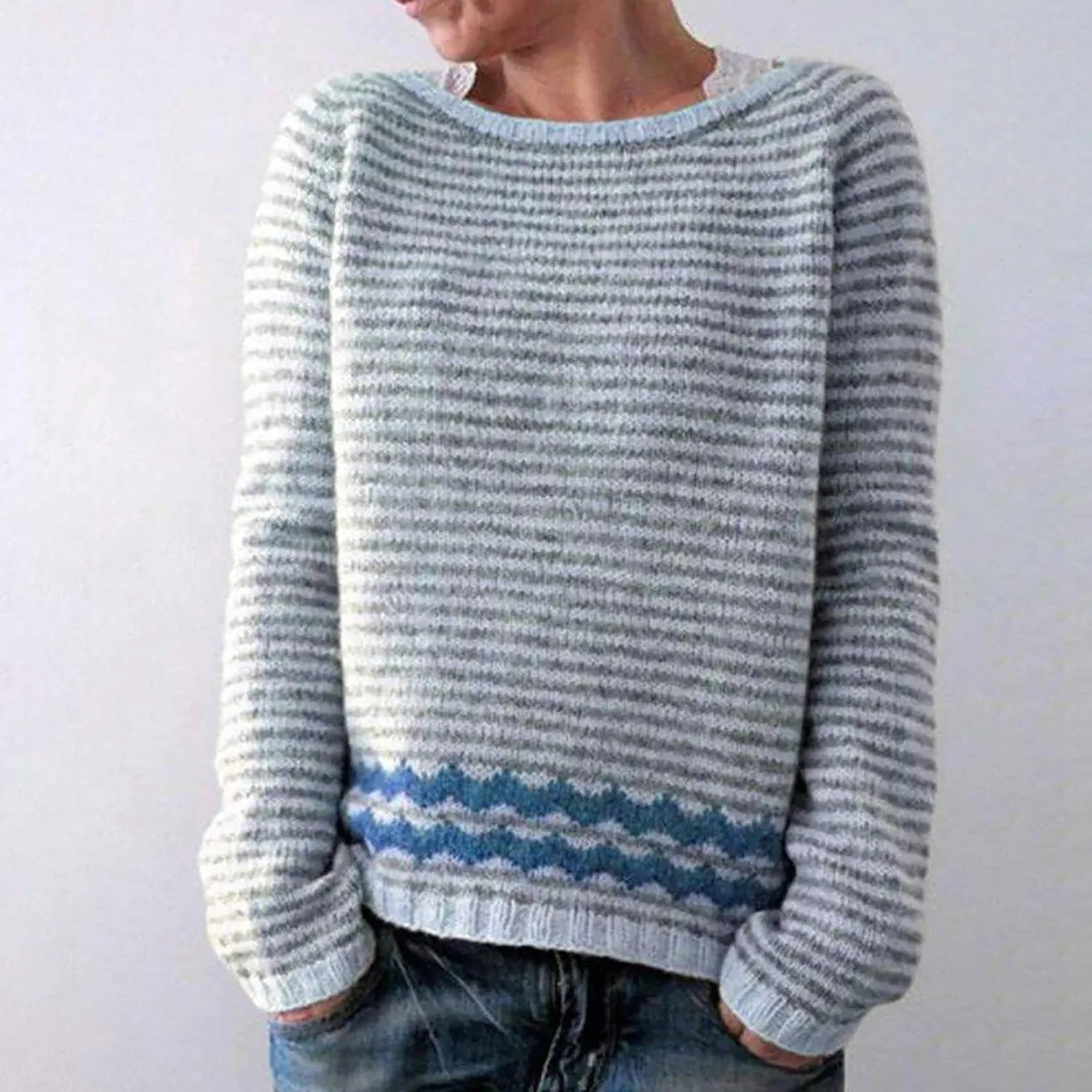 Женский свитер с принтом Fair Isle HUIFUAO, A09 Light Blue — фото 2