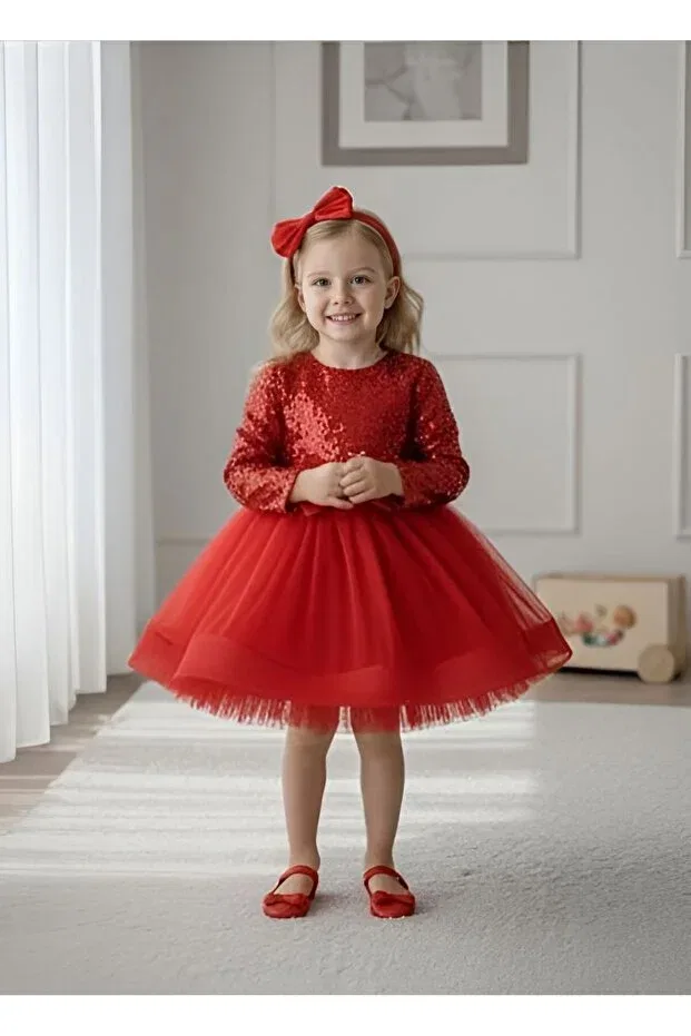 Детское платье для девочек с длинным рукавом Birthday party evening dress Mixie, Red
