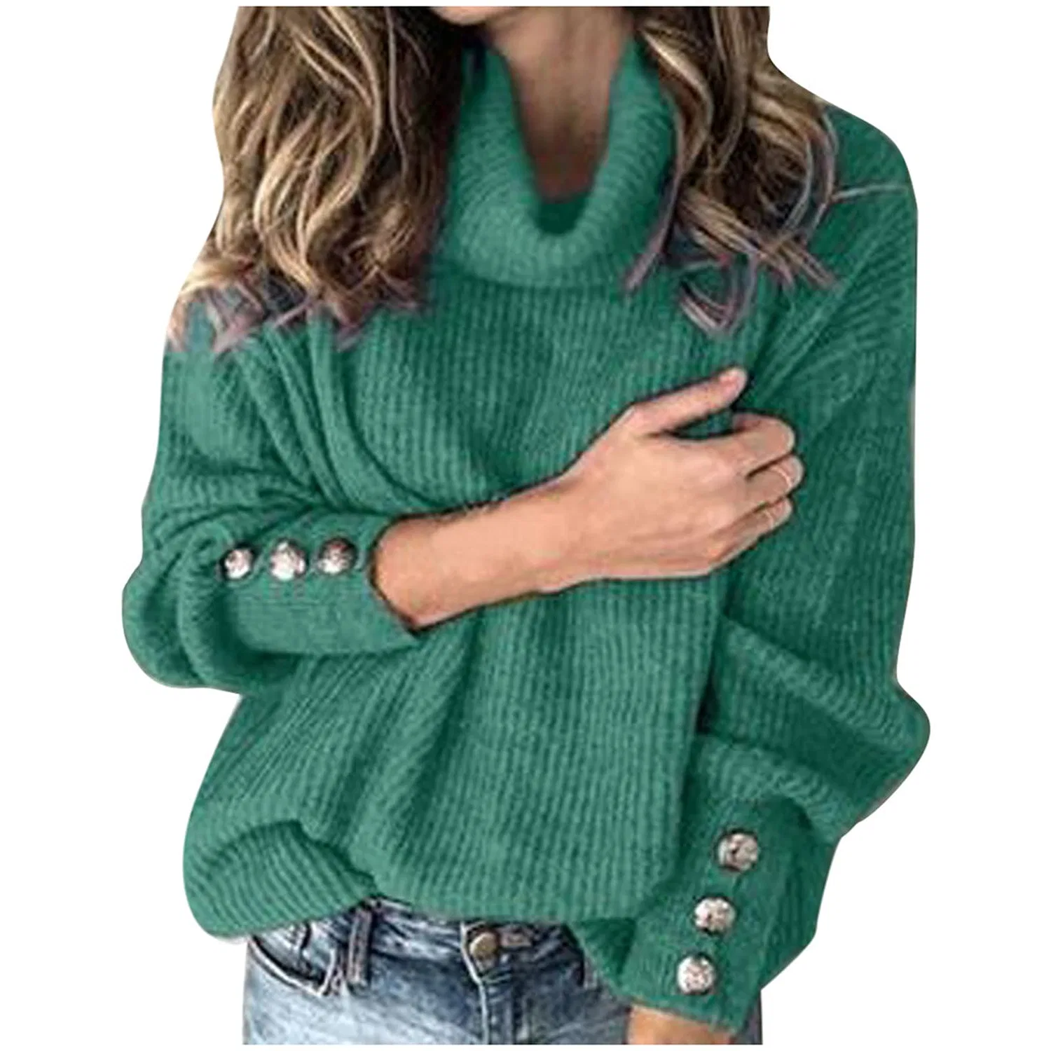 Женский свитер с высоким воротником с пуговицами Loose Sweater, Green