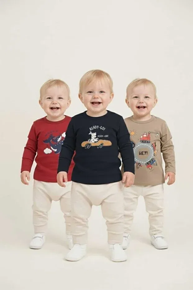 Детский комплект футболок с длинным рукавом с принтом Fuar Baby, Füme-Kırmızı-Be