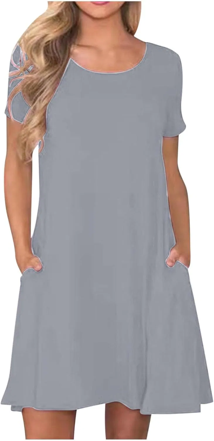 Женское летнее мини-платье с карманом, Crewneck Dress, Gray