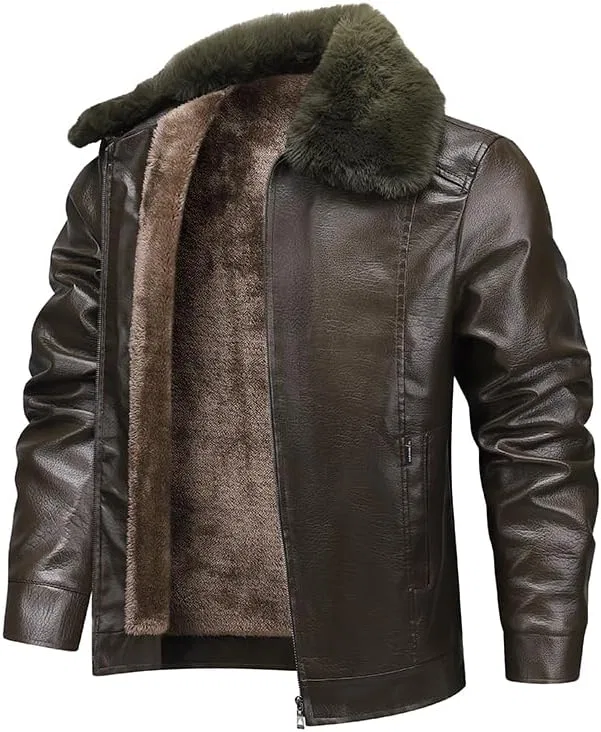 Мужская куртка из кожи на флисе, Biker Style Coat, тёмно-коричневый