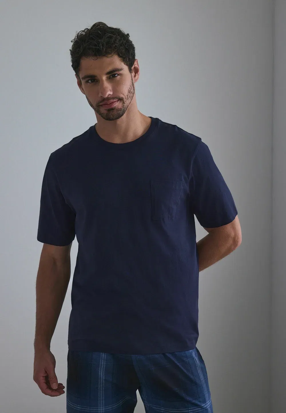 Пижамный комплект с коротким рукавом из трикотажа в клетку, стандартного кроя Next, Navy Blue — фото 3