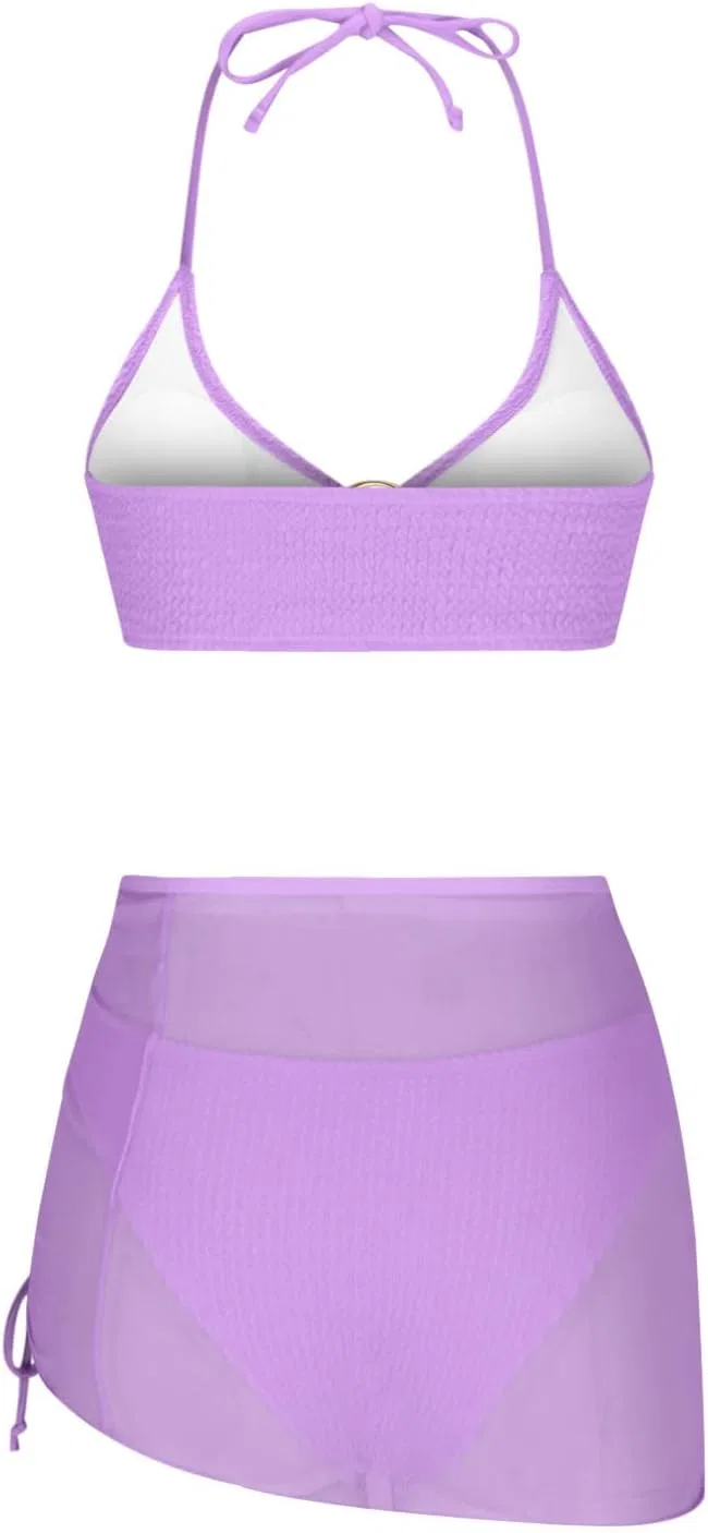 Женский купальный костюм с завязками на шее и юбкой, Purple-1 — фото 4
