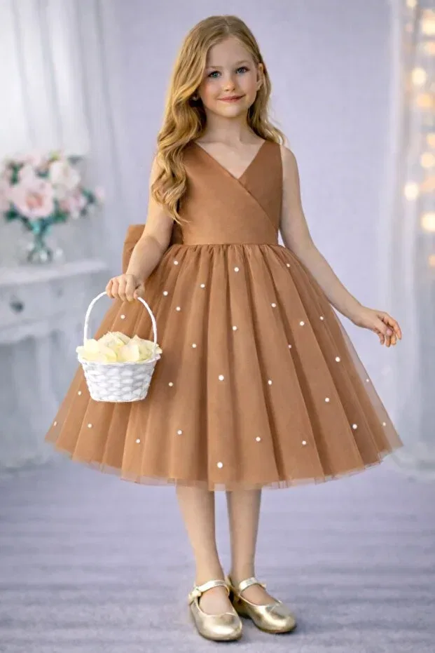 Детское платье для девочек с открытыми плечами Girl'S tan skirt with pearl detail Suneh, Taba
