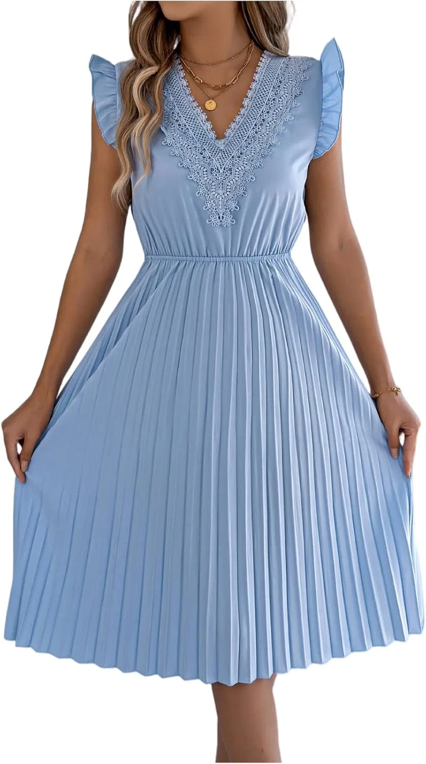 Платье миди с кружевной отделкой и оборками, Light Blue