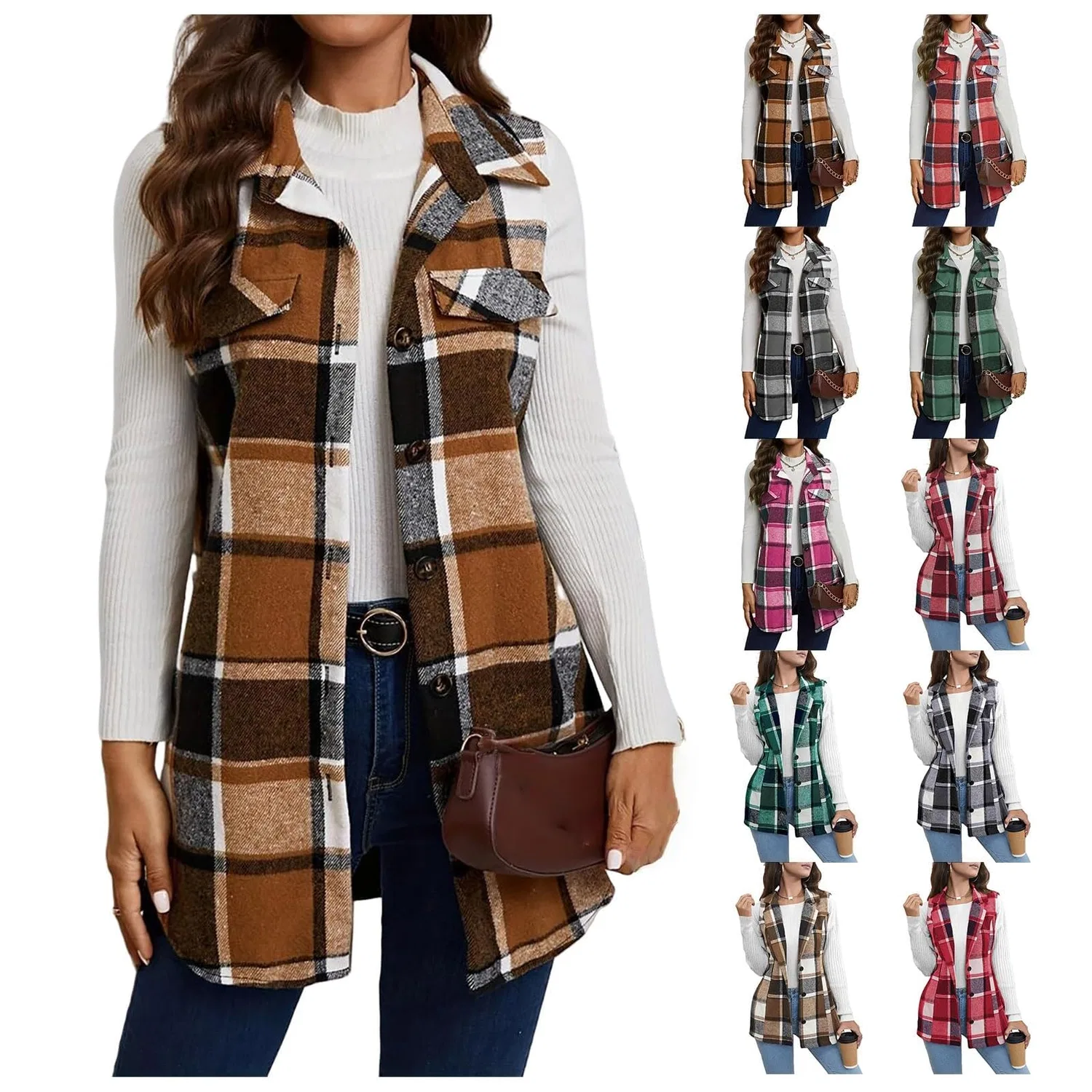 Женский жилет с принтом Plaid Gilet Button Down Senza Maniche Camicia Giacca, rosa — фото 2