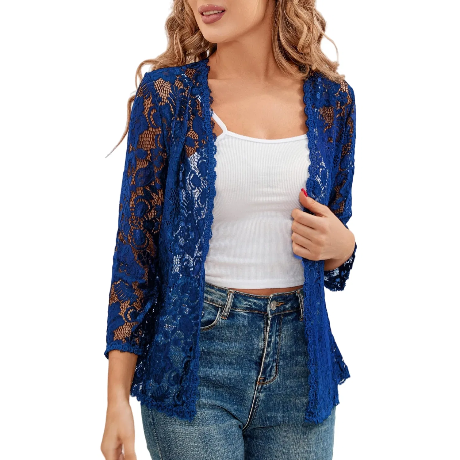 Женский кардиган с цветочным кружевом с рукавом 3/4, модель Bolero, Dark Blue