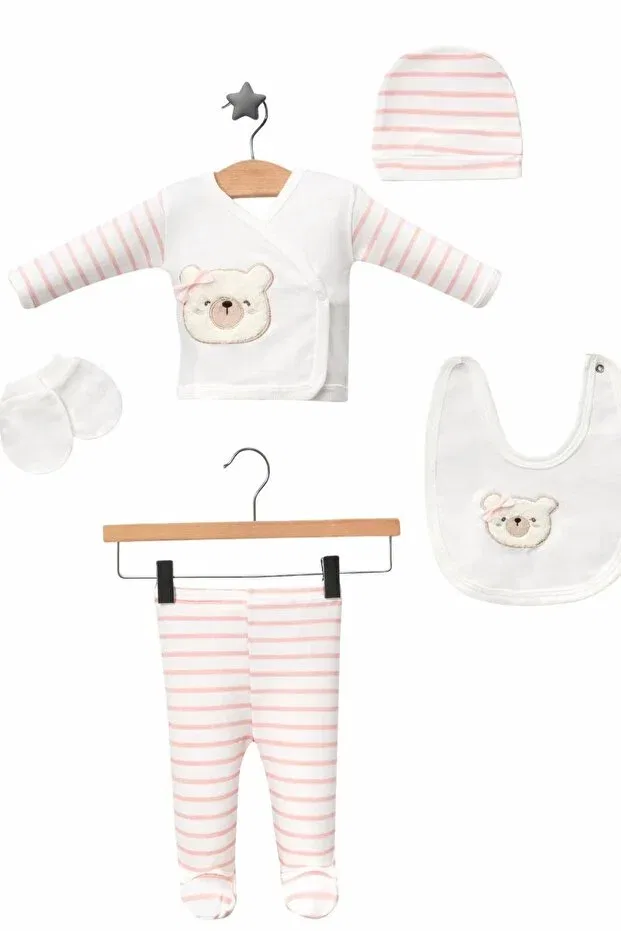 Детский комплект для новорожденных девочек хлопковый Bear Embroidered Pink Striped Bys Baby Fashion, White Pink — фото 3