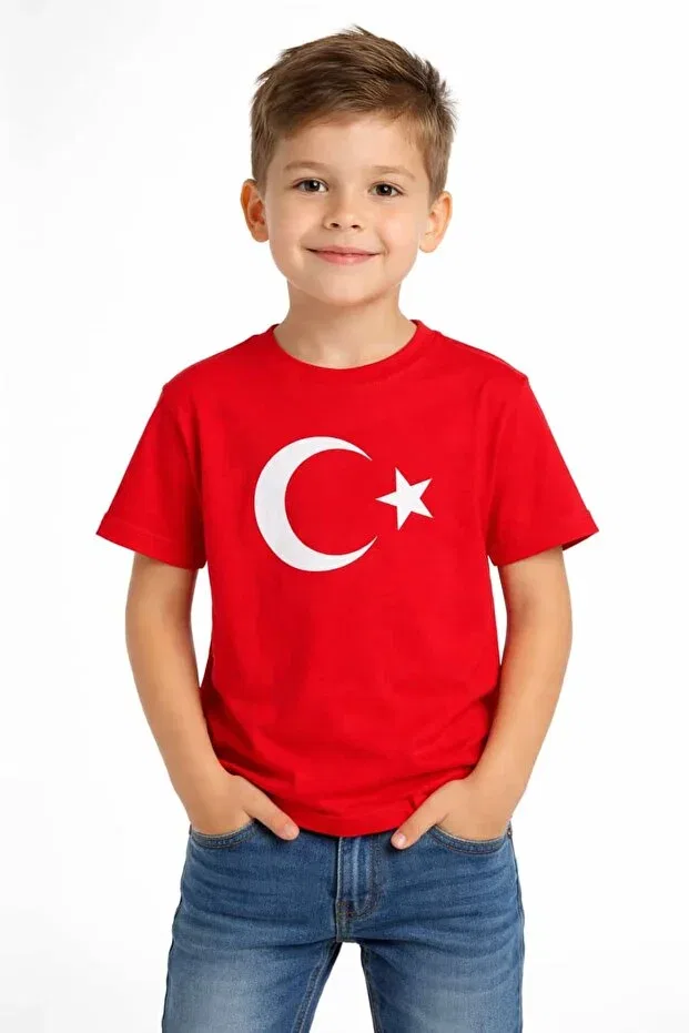 Детская футболка с принтом Zero Collar Short Sleeve White Moon-Star Turkish Flag Printed Red 23 April Children's The Woow, Red