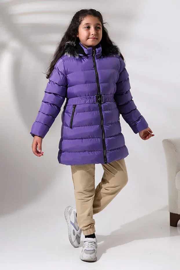 Детское пальто для девочек с капюшоном Lila color fur inside belted children's mount Talsmoda, Lila — фото 3