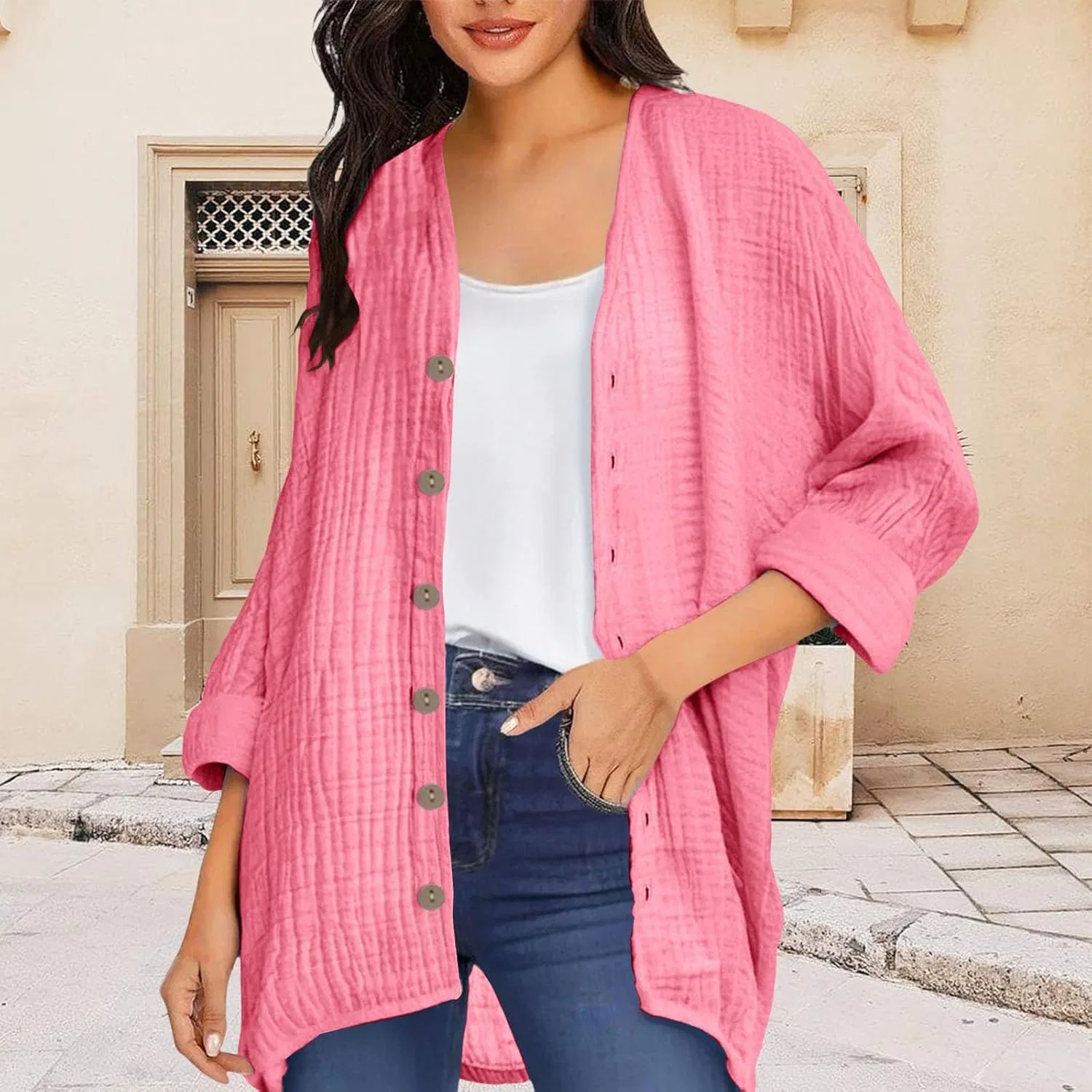 Женская свободная рубашка из муслина с длинным рукавом, Pink — фото 3