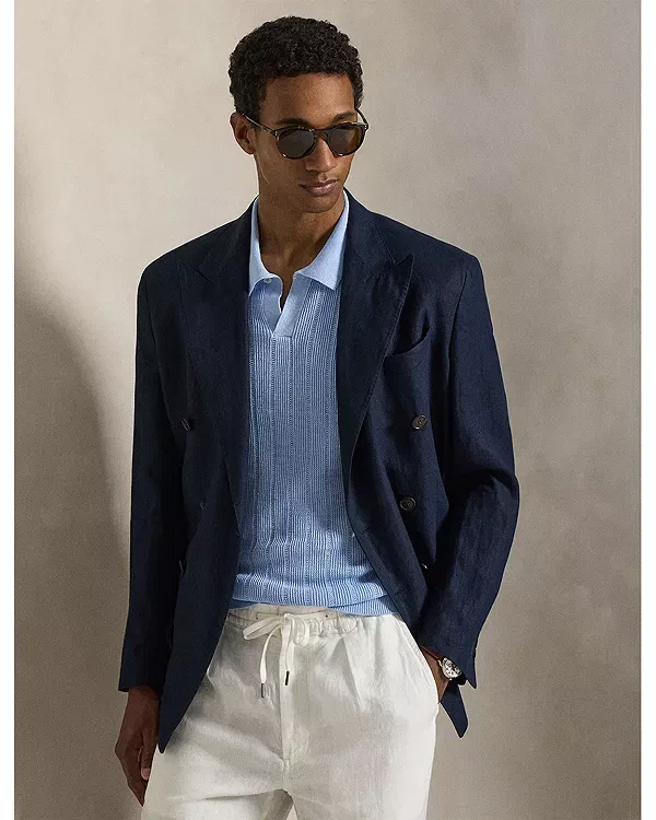 Мужское поло с воротником-джонни из льна Linen Johnny Collar Sweater Polo Shirt Polo Ralph Lauren, синий — фото 3